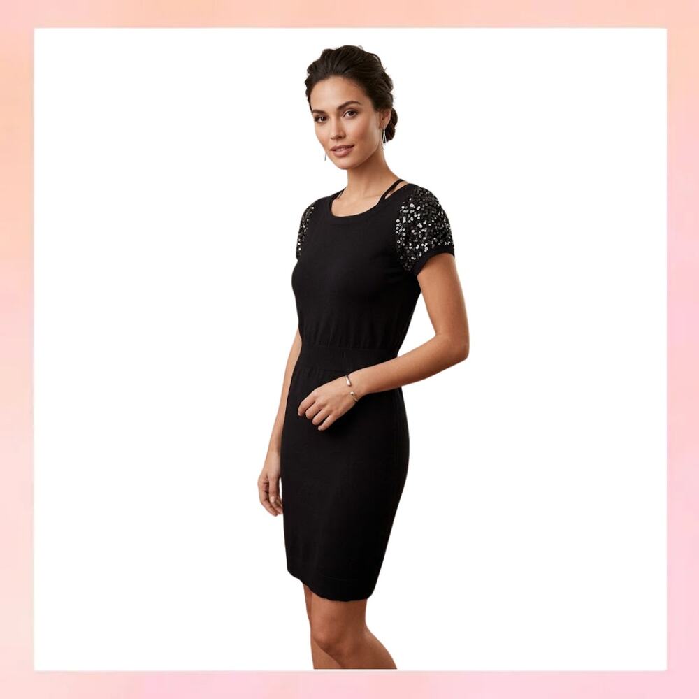 Ann Taylor LOFT Black Sequin Sleeve Knit Sheath Dress Bow Back Size Small